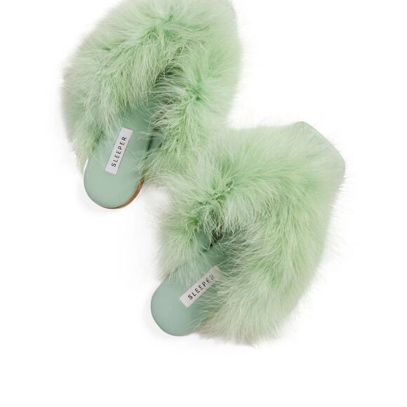 NWT Sleeper Pom Slides with Feathers in Mint - Size 35 - Picture 4 of 10